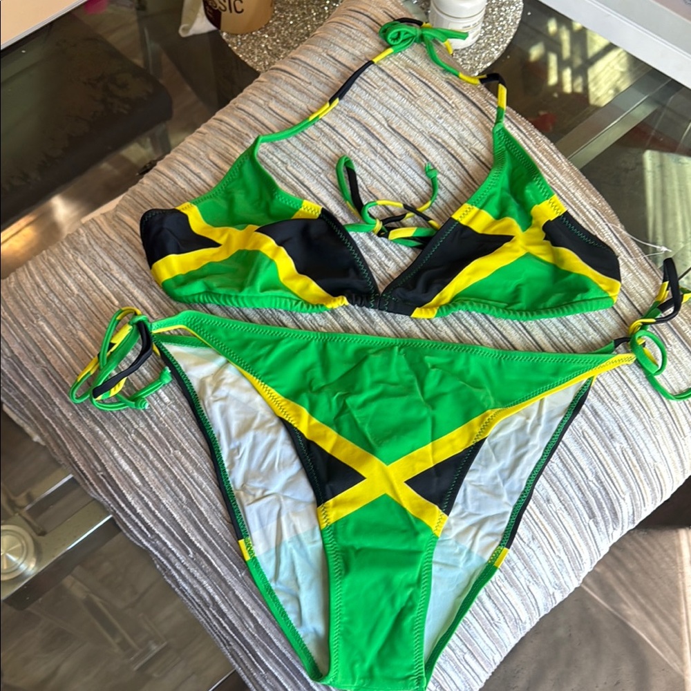Vibrant Green and Yellow Bikini with Jamaican Flag Design